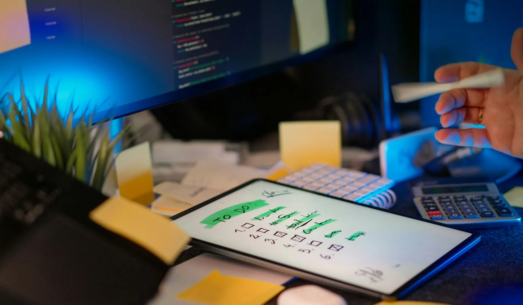 Developer workspace with code, planning notes and multiple screens